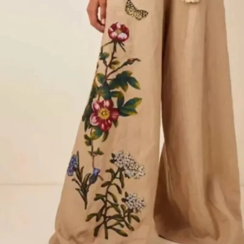 Beautyblue Брюки цвета хаки с цветочным принтом Широкие брюки поясом Эластичность