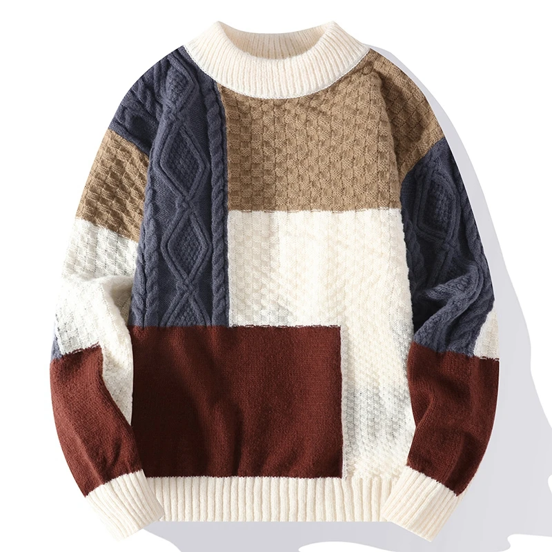 Splicing Fleece Warm Sweater/ Brand Men's Autumn Winter Trend Round Neck Slim Fit Casual Thickened Knitting Sweater Pullover