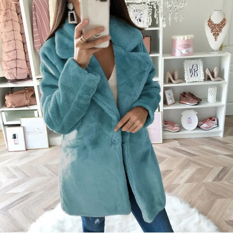 2021 Autumn and Winter Lapel Thick Woolen Coat Women's Mid-length Solid Color Loose Long-sleeved Plush Coat Imitation Fur Coat