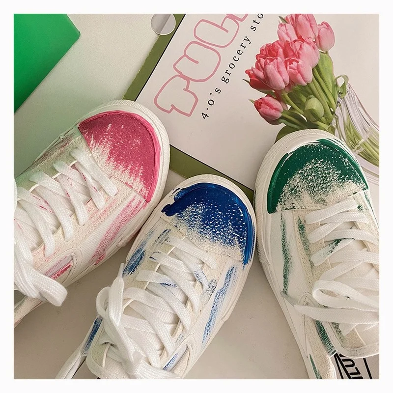 Fashion Women's Shoes Women's White Casual Sports Shoe Lace Up Doodle Canvas Shoes Women's Vulcanized Shoe Sneakers for Women