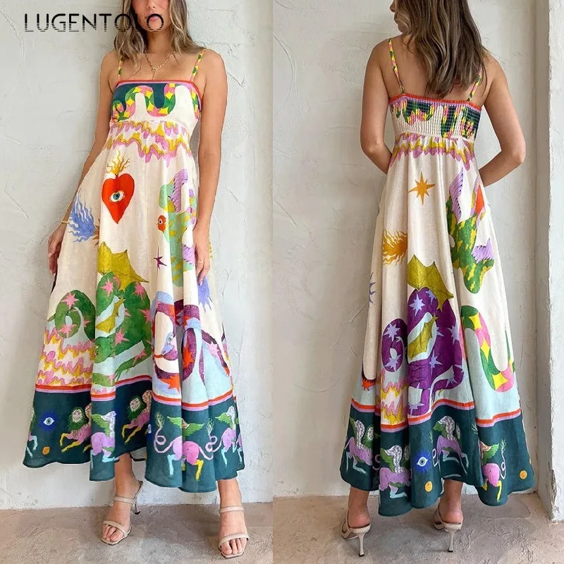 

Женское длинное платье на бретелях-спагетти, с принтом