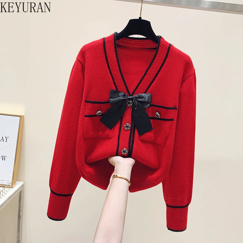 

Красный вязаный свитер с бантом женский укороченный Кардиган Осень-зима Корейская мода Свободный кавайный трикотажный топ с длинным рукав...