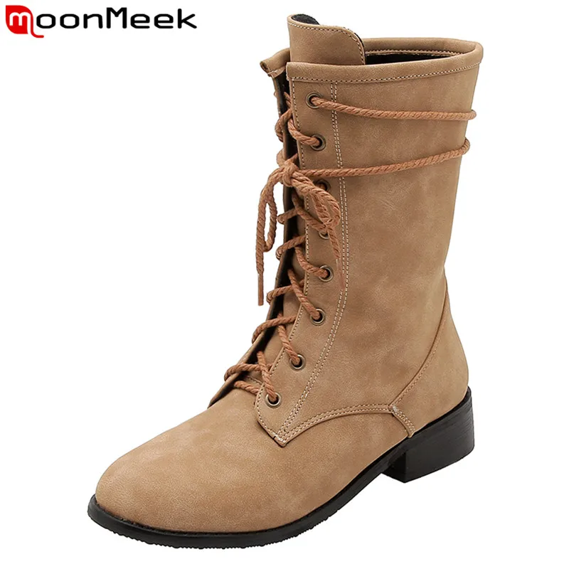 

MoonMeek 2023 Size 32-54 New Pu Lace Up Winter Boots Square Med Heels Martin Boots Street Style Ladies Mid Calf Boots