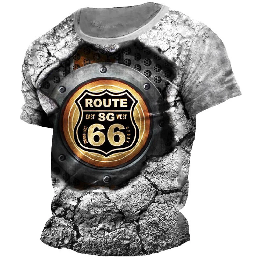 

Summer Men's T-shirt Vintage Route 66 Print Jersey Biker Style Shirt O Neck Casual Short Sleeve Tops Male Oversized Sweatshirt