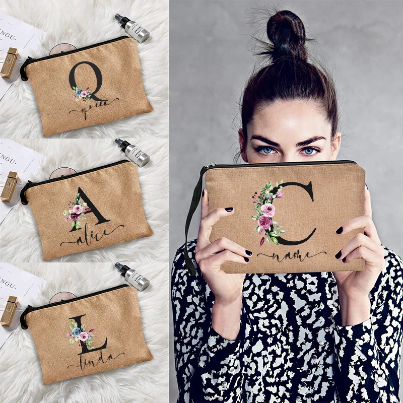 

Custom Name Cosmetic Bags Travel Organizer Case Women Make Up Bag Linen Zipper Pouch Bridesmaid Clutch Bachelor Party Gift