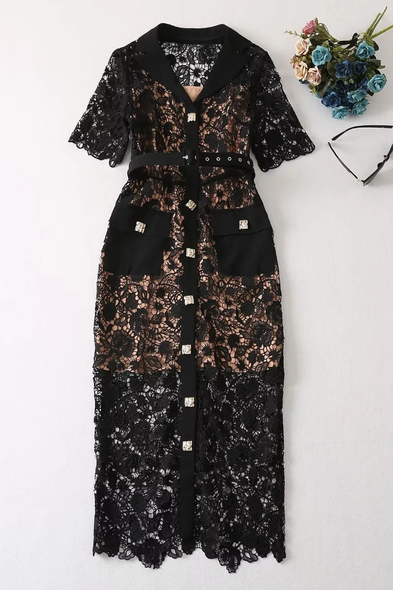 

Женское кружевное платье с отложным воротником, облегающее кружевное платье средней длины с вышивкой крючком, весна-лето 2023