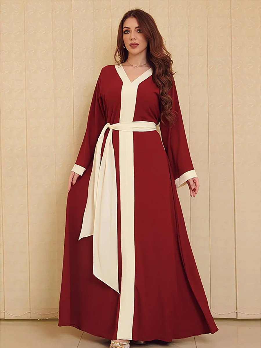 

Eid Mubarak Women Patchwork Fashion Abaya Belt Cardigan Muslim Islamic Dubai Arabic Abayas Dress Moroccan Kaftan Maroon Cardigan