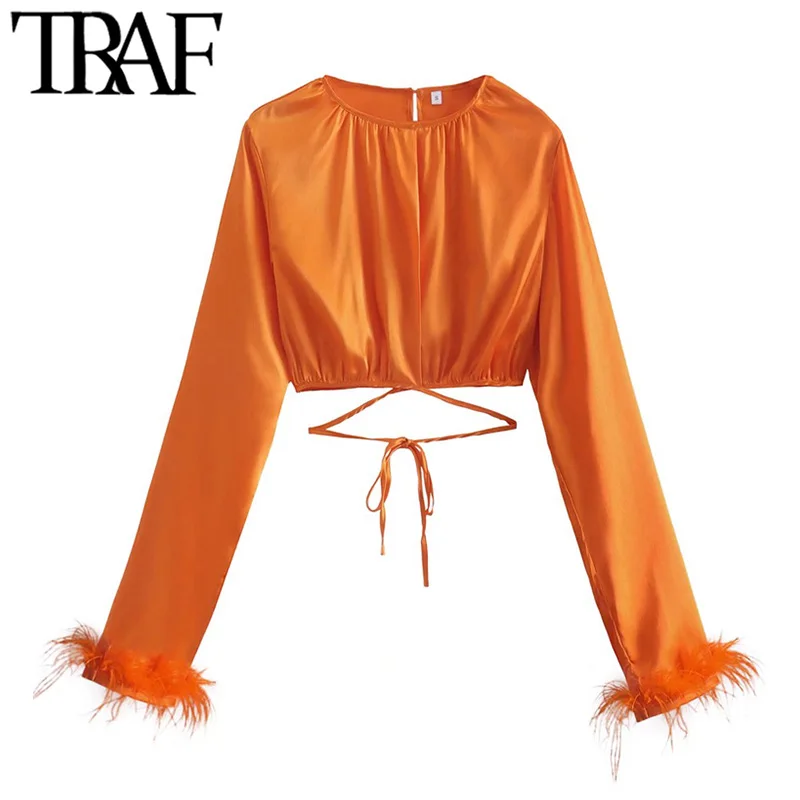 

TRAF Women Fashion Soft Touch Bow Tied Cropped Blouses Vintage Long Sleeve With Feathers Female Shirts Blusas Chic Tops