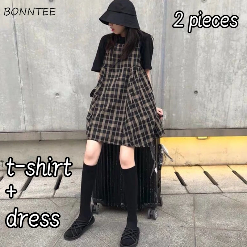 

Mini Dresses Sets Women Loose 2pcs Design Plaid Casual T-shirts Daily Students Retro Empire Korean Style Chic Summer Streetwear