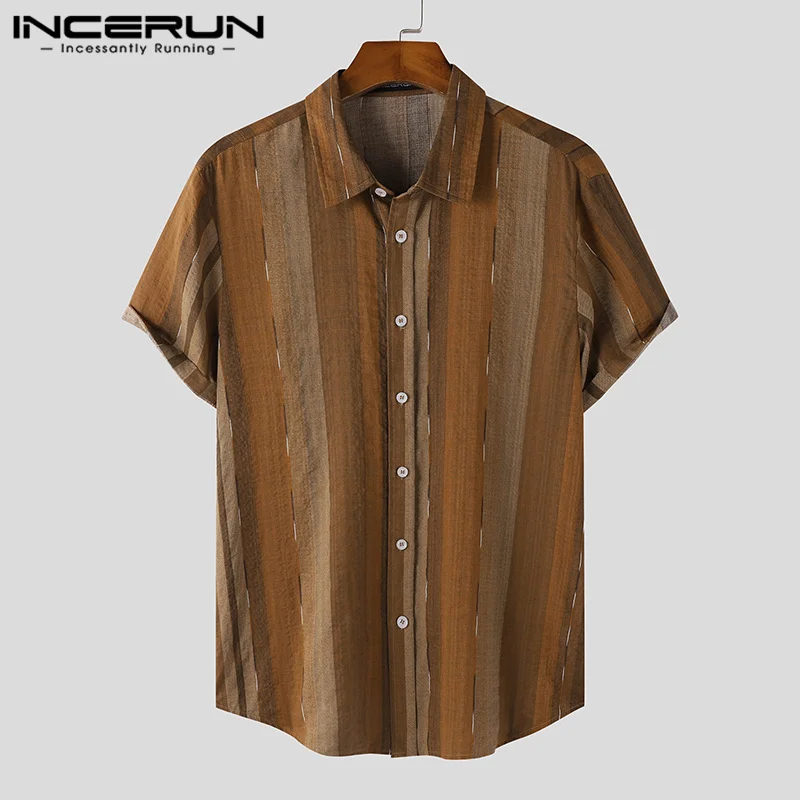 

Casual Stylish Style Tops INCERUN New Mens Retro Stripe Short-sleeved Shirts Fashionable Male Hot Sale Lapel Camiseta S-5XL 2023