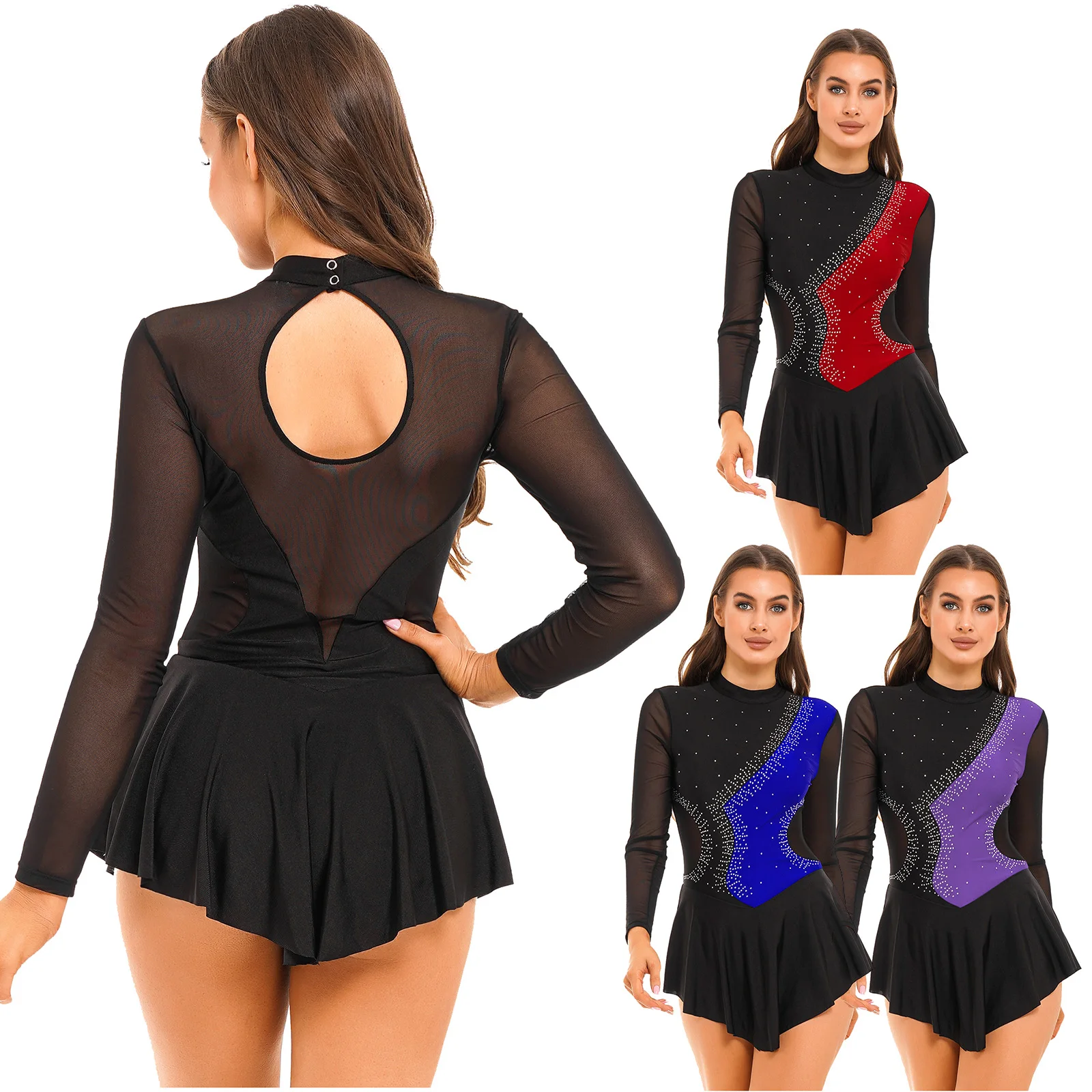 Women's Sparkling Rhinestone Figure Skating Dance Dress Sheer Mesh Long Sleeve Cutout Back Latin Dance Leotard Dresses Dancewear