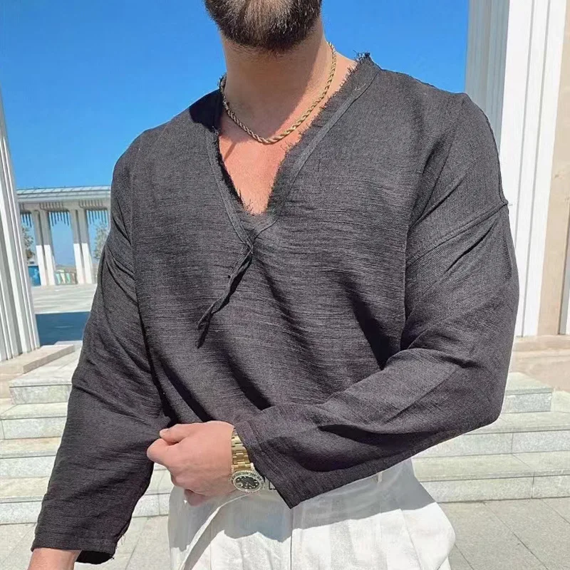 

2022 Fashion Men Clothes Tops Streetwear Vintage Ripped Solid T-shirts Mens Spring New Casual Loose Long Sleeve V-Neck Tee Shirt