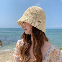 2022 new womens summer bucket folding with flower straw hat panamas uv protection sun visor seaside beach hat tide summer hats