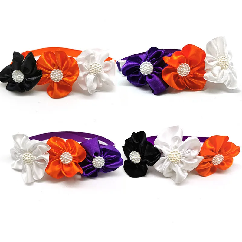 

50/100pcs Halloween Pet Flower Bowties with Pearl Orange Purple Flower Pet Accessories Dog Adjustable Necktie Dog Bow Ties