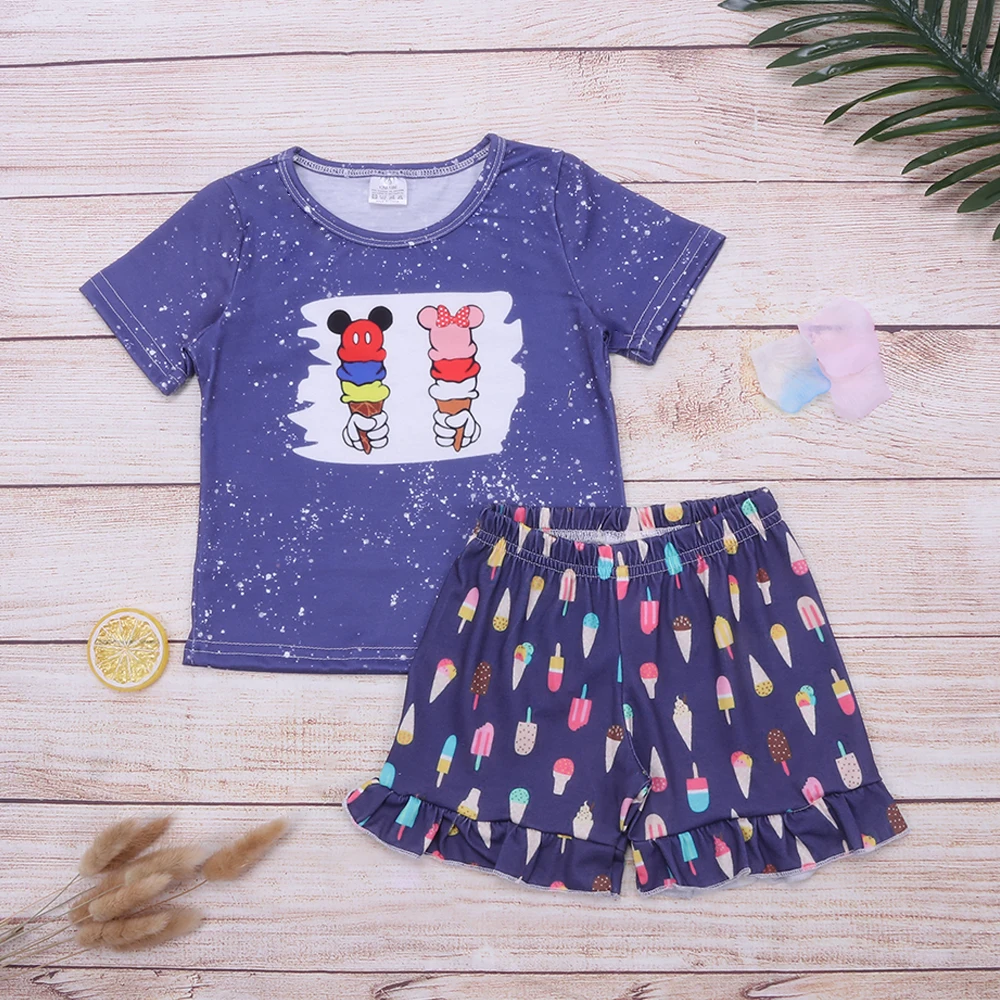 

Babi Girl Clothes Set For Summer Pretty Ice Cream Embroidery Sleeveless T-Shirt Lattice Lace Leisure Shorts Suit For Girls