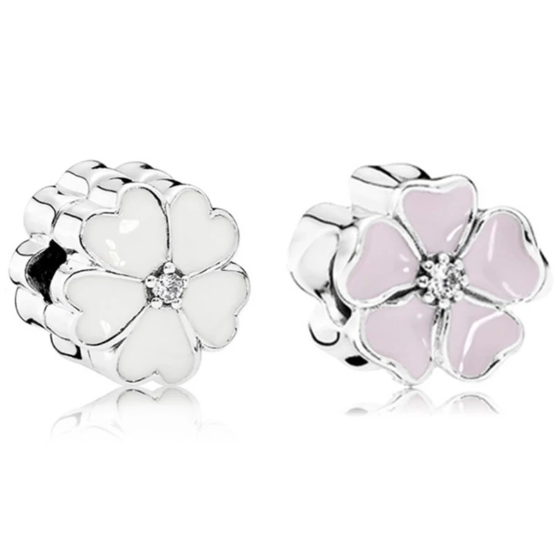 

Fit Original Pandora White Purple Enamel Heart Clover Clip Charms Bracelet Women Cute Daisies Stopper Beads DIY Bijoux Accessory