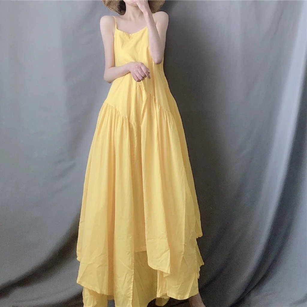 

Женское длинное платье с асимметричным подолом, Элегантное летнее платье лимонно-желтого цвета с драпировкой качели в литературном стиле