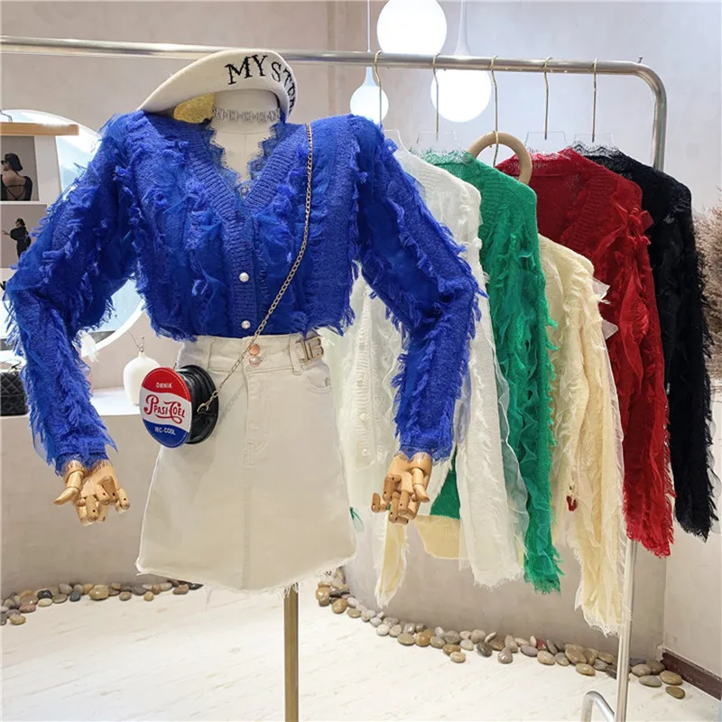 

New Women's Clothing 2022 Spring Vintage Lace Ruffle long sleeve V-Neck Sweater design knitted cardigan top fashion