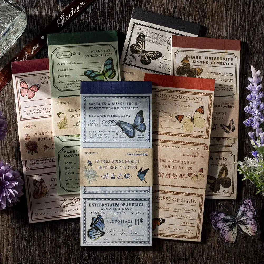 

30pcs/pack Vintage Collage Memo Pad Butterfly Materials Decor Stationery School Supplies DIY Planner Journal Decor Craft Accesso
