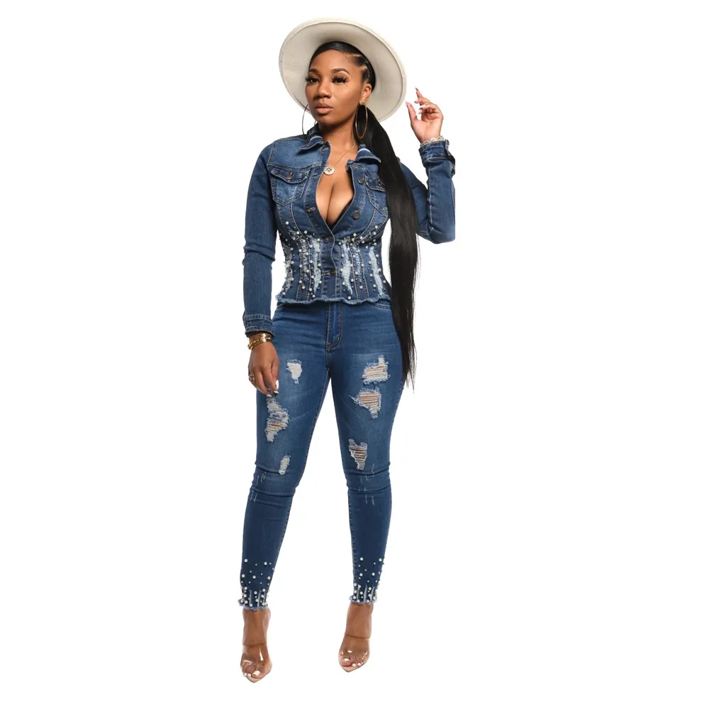 Новое зимнее женское модное однотонное джинсовое пальто с жемчугом приталенное