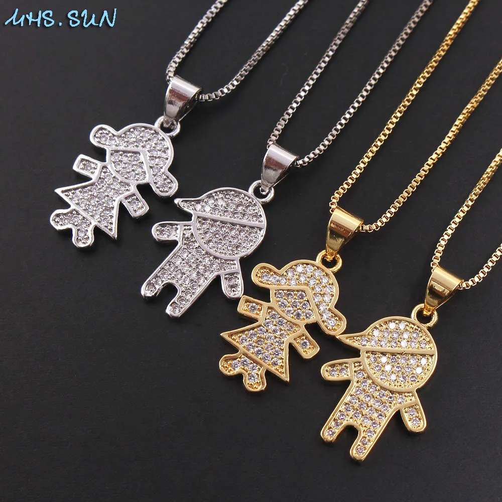 

MHS.SUN CZ Women Jewelry AAA Zircon Sliver/Gold Plated Boy And Girl Charm Pendant Necklace Family Lovers Choker Gift 10PCS