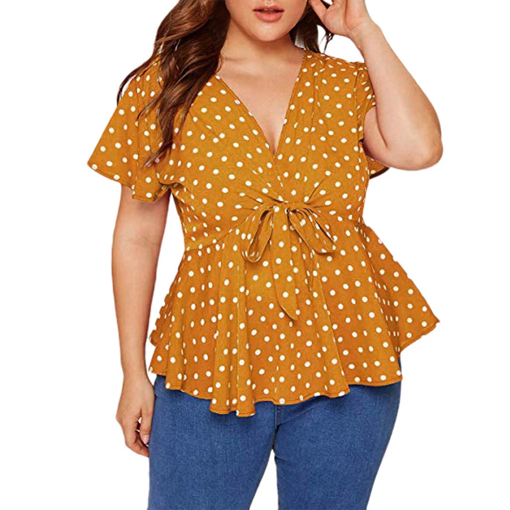 

Chiffon Blouse Women's Plus Size V Neck Short Sleeve Shirt Polka Dot Knot Front Tunic Tops Bandage Peplum Tops For Women Summer