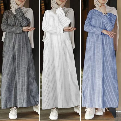 European and American Abaya Femme Vintage Casual Long Sleeve Abayas for Women Dubai Striped Cotton Linen Women's Dress