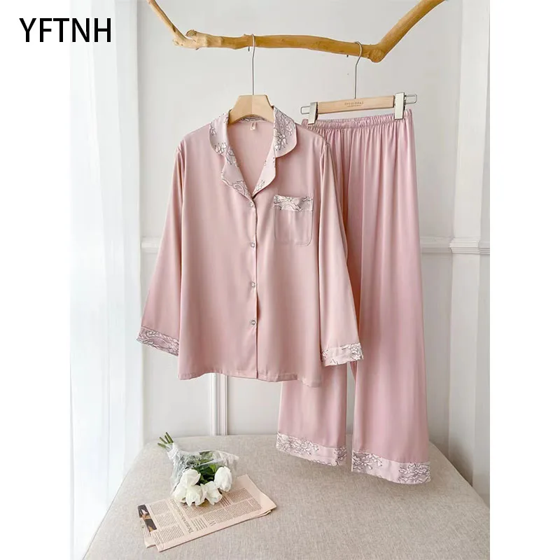 

Пижамный комплект YFTNH Женский, рубашка с длинным рукавом и штаны, одежда для сна, шелковая Домашняя одежда с мягкими карманами
