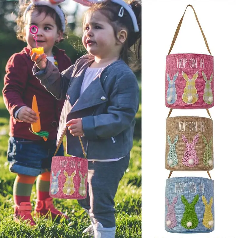 Easter Bunny Tote Basket Cute Easter Egg Toy Handbags Furry Tail Rabbit Print Knotted Buckets Egg Hunt For Kids Festival Gift