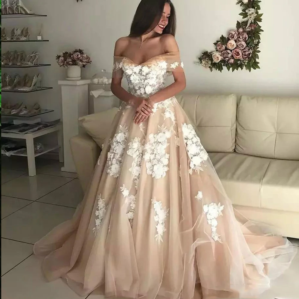 

Женское свадебное платье цвета шампанского, ТРАПЕЦИЕВИДНОЕ ПЛАТЬЕ из фатина с аппликацией, элегантное платье на шнуровке с изображением ми...