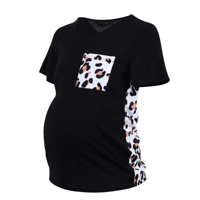 2022 Summer Pregnant Clothes Maternity Short Sleeve Maternity T-Shirt Leopard Pocket Fashion Maternity Top Maternity Clothes