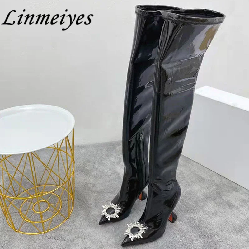 

Fashion Hoof Heels Long Boots Women Patent Leather Pointy Toe Slip-On Shoes Female Sun Flower Over-the-Knee Modern Boots Lady