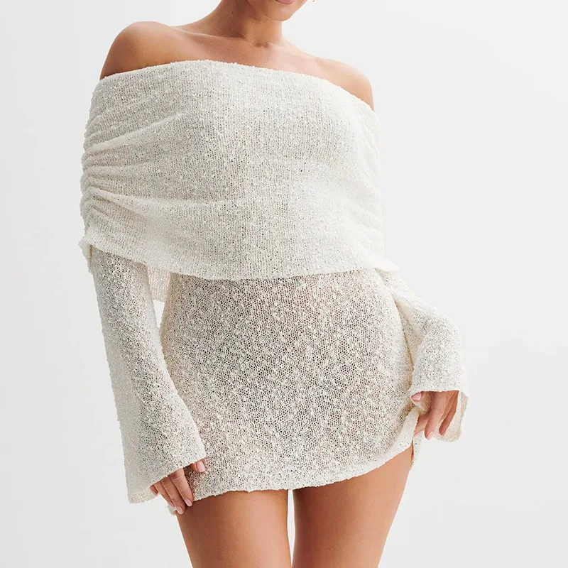 Сексуальная Вязаная пляжная короткая юбка с вырезом лодочкой ажурная накидка