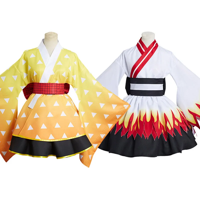 

Demon Slayer Kimetsu no Yaiba Agatsuma Zenitsu Kimono Cosplay Costume Rengoku Kyoujurou Japanese Lolita Kimono Maid Dress women