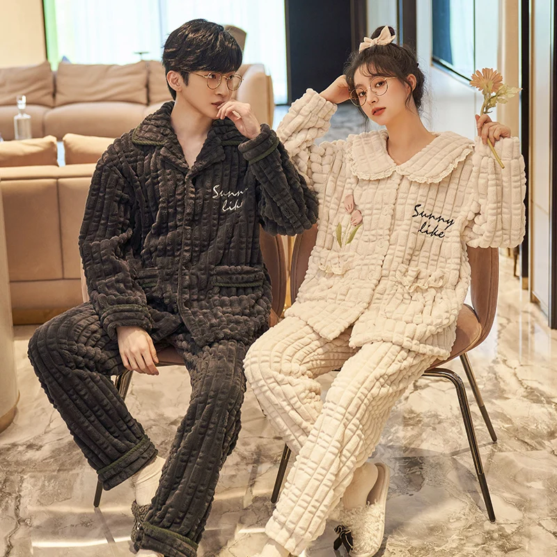 QUHENG Autumn Winter Pyjamas Women Sets Thicken and Keep Warm Cartoon Home Wear Men Clothes Flannel Sleepwear Couple Sleepwear