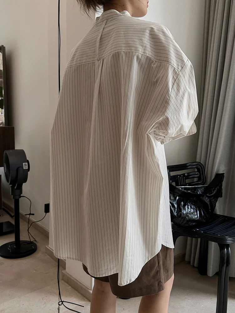 Женская свободная рубашка LANMREM однобортная блузка в полоску с круглым вырезом и