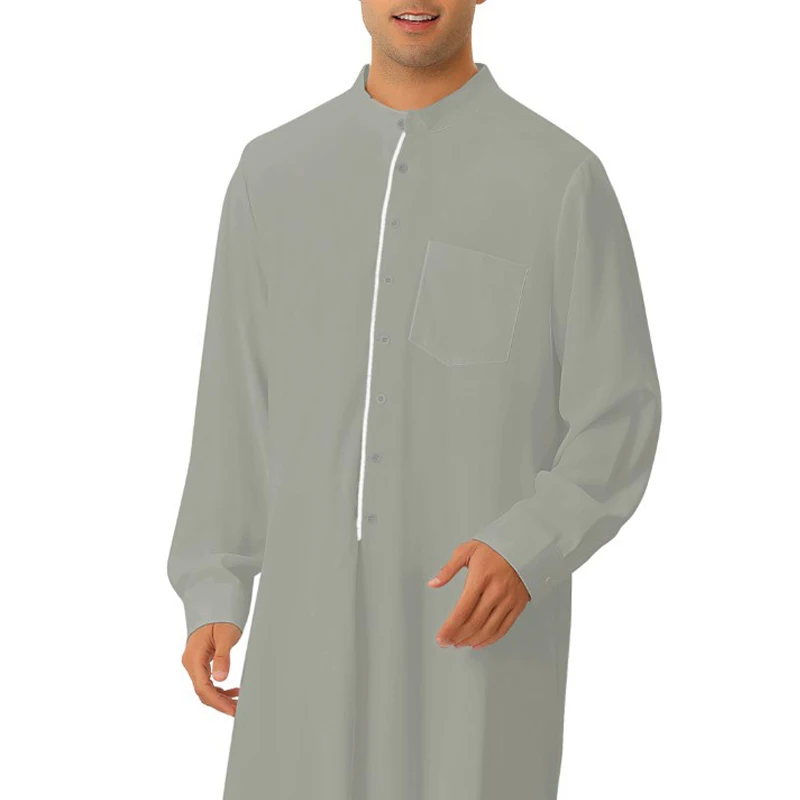 Men's Abaya Muslim Robes Middle East Arab Jubba Thobe Kaftan Prayer Dress Solid Color Long Sleeve Loose Gown Islamic Clothes