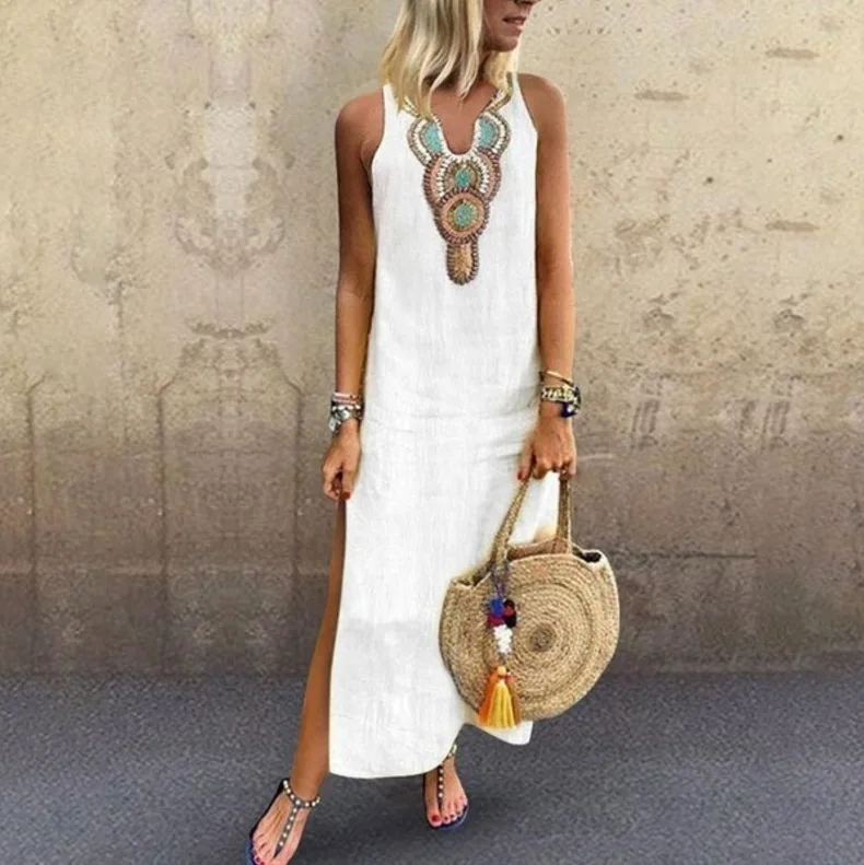 

Plus Size Cotton Linen Women's Long Dress Bohemian V-neck Casual Dresses Female Summer Spring Fashion Loose Beach Clothes Ladies