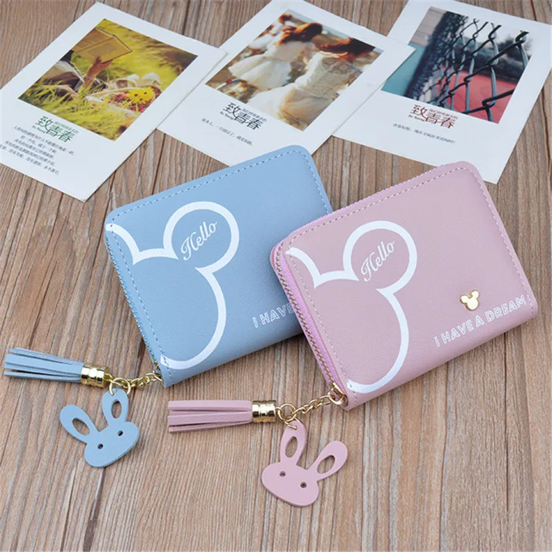 Disney Mini Cute Wallet Mickey Mouse Small Lady Short Zipper Tassel Key Coin Purse Student Wallets Minnie Card Holder Clutch