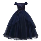 Темно-синее платье для девочек, официальный вечерний Детский костюм, платье для выпускного вечера для подростков, Длинные тюлевые сетчатые платья для причастия, платья для девочек