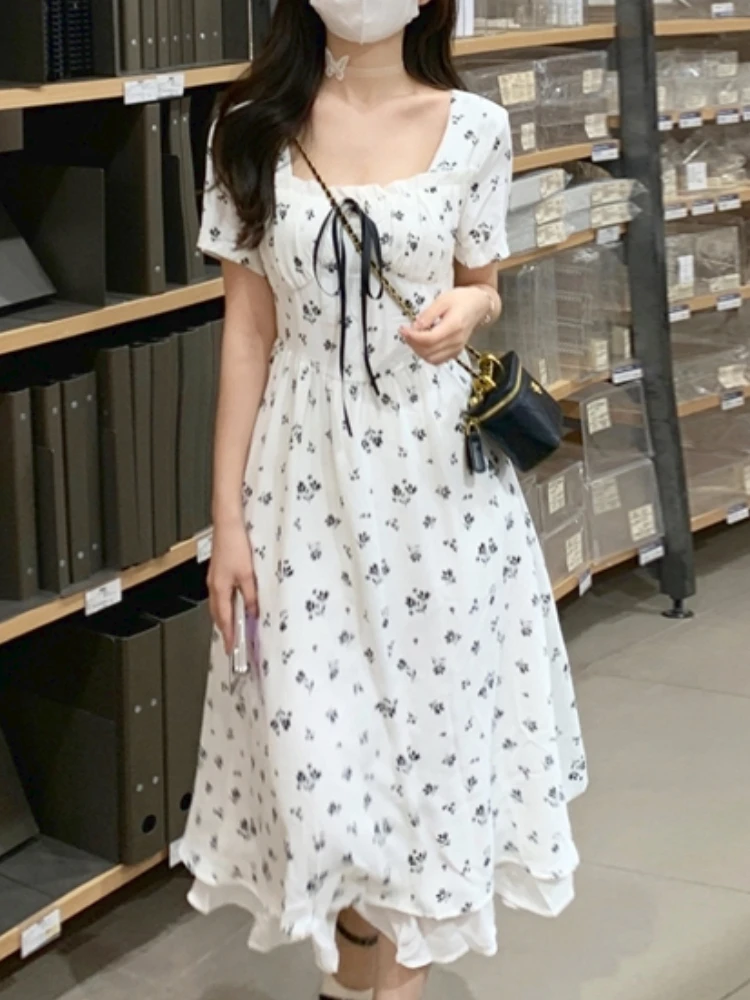 

White Floral Dress Women Summer Elegant Party Midi Dresses Casual Puff Sleeve Designer Chic Korean Fashion Female Dress 2022