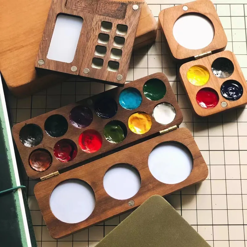 

1pcs Portable Wooden Handmade Watercolor Paint Box Empty Box Mini Black Walnut/cherry Paint Palette Painting Supplies