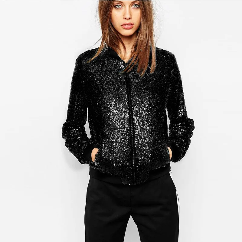 Women Sequin Coat Bomber Jacket Long Sleeve Zipper Streetwear Casual Loose Glitter Outerwear 2022 New Fashion Female spring Coat