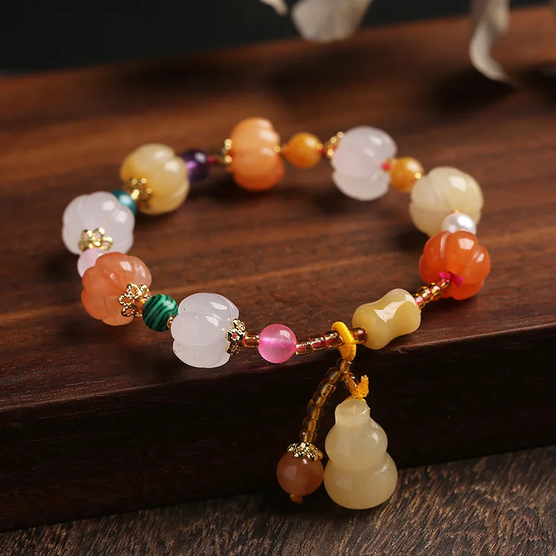 

Natural Jade Beads Bracelet For Women Ethnic Style Pumpkin Beads And Bamboo Join Gourd Fashion Jewelry Hand String Accessories
