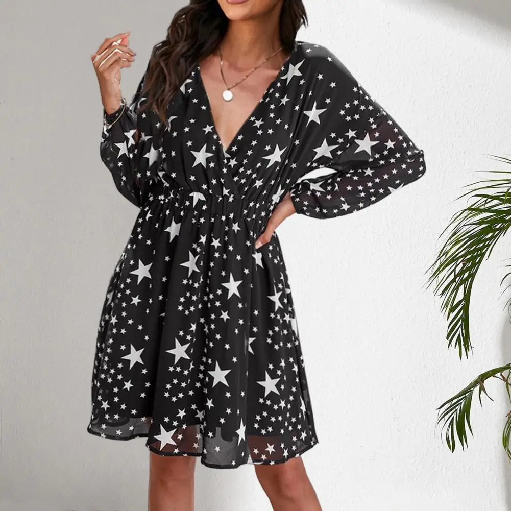 

Versatile Long Dress Women Elastic Waist Dress Chic Star Print Mesh Dress Women's V-neck Double Layer Long Sleeve for Casual