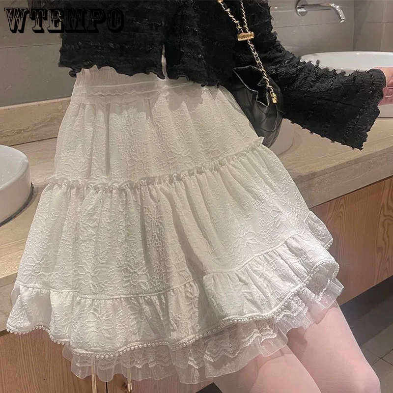 

Lace Skirt Mesh Embroidery Women's A-line Fluffy Skirt Sweet Cute Lolita Elastic Waist Preppy Style Korean Fashion Pure Desire