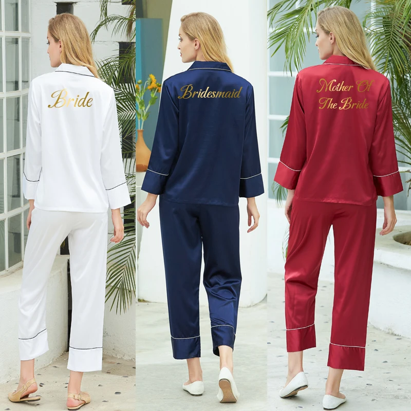 Custom Text Silk Satin Pajamas Set Women Sleepwear Long Sleeve Pajamas Ladies Pyjamas Sets Sleepwear Pyjamas Set 2 Pieces