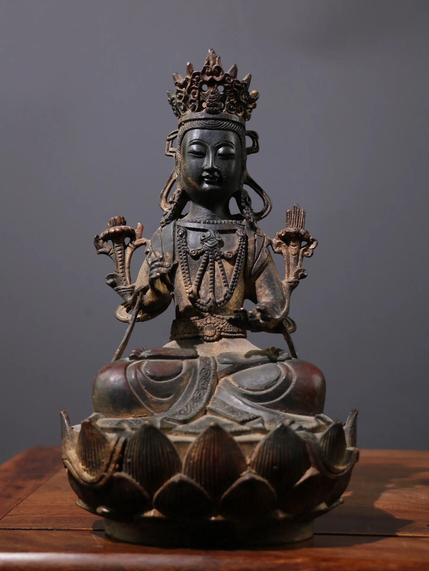 

10"Tibet Temple Collection Old Bronze Cinnabar Mud gold Northern Wei Buddha Lotus Platform Tara Buddha Worship Hall