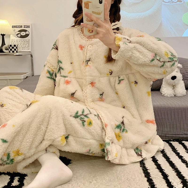 

Winter Pajamas For Women Coral Fleece Thick Warm Women's 2Piece Set Sleepwear Cute Sweet Flannel Floral Graphics Homewear Female