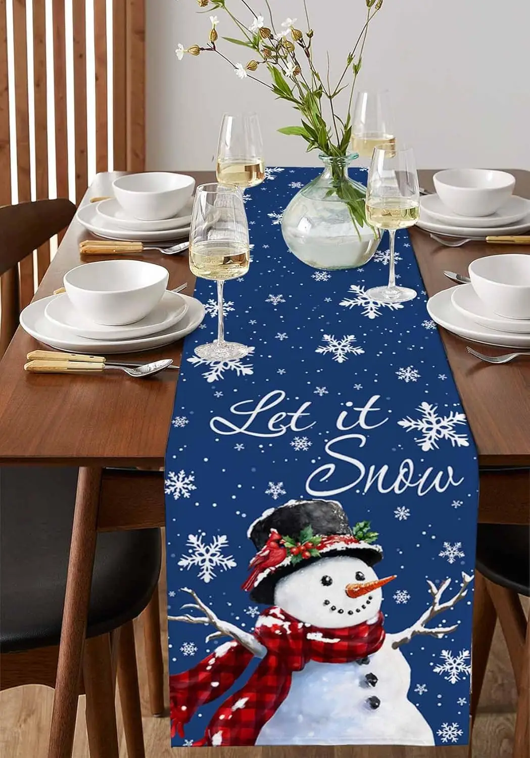 С Рождеством Снеговик Снежинки Ягоды Синий Льняной Скатерть Обеденный Стол